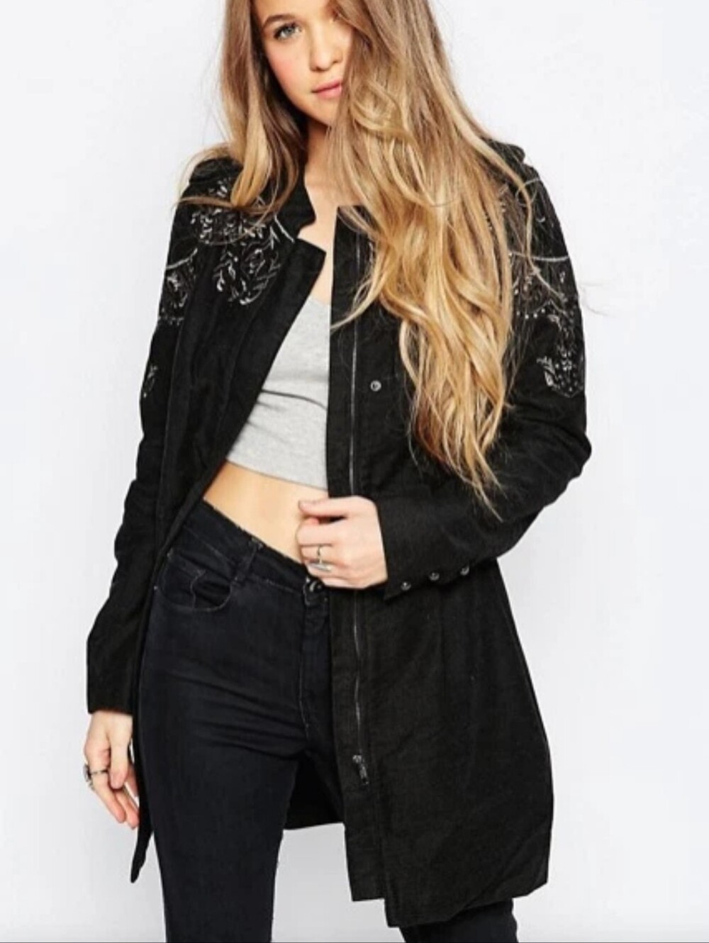 Free People Sergeant Coat Embroidered Charcoal Gray Military Zip Button Jacket 4 - Picture 3 of 16